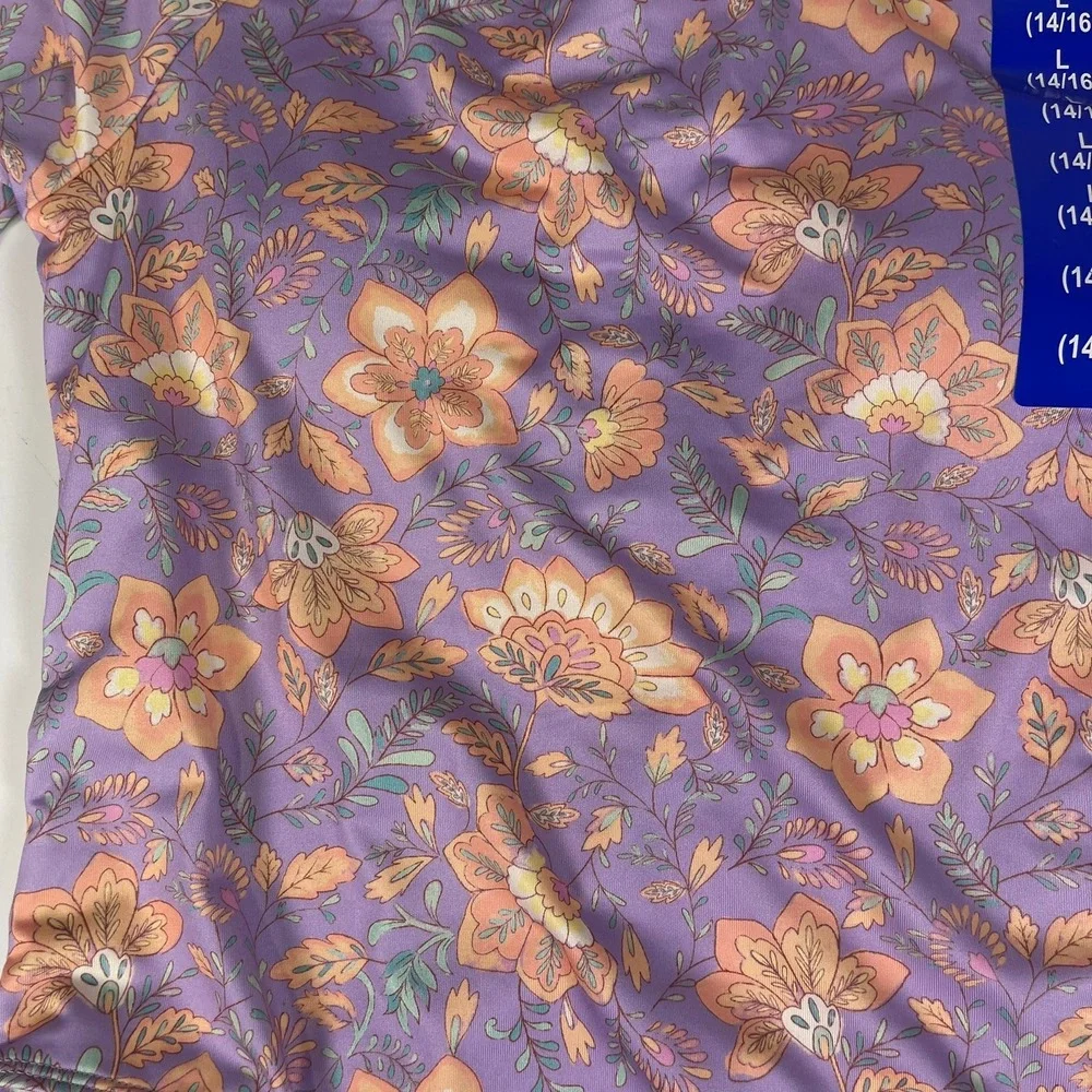 Billabong Girls Purple Floral 2-Piece Swim Set Rash Guard Bodysuit Shorts 14/16